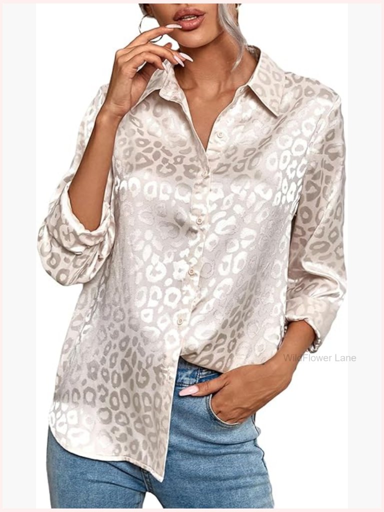 Elegant Jacquard Long Sleeve Satin Button Down Blouse Work Office